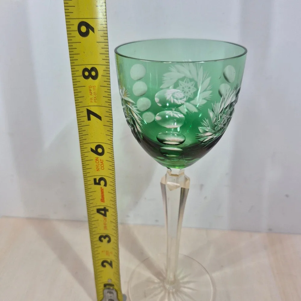 Vintage Emerald Green Cut to Clear Crystal Wine Goblet Faceted Stem 8.25